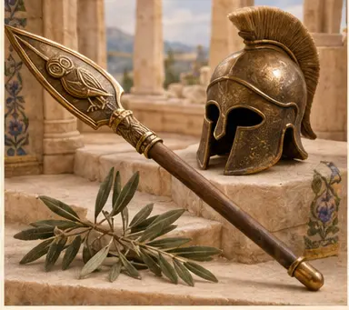 Athena'nın tunç mızrağı için özgün el yapımı nesne sahnesi