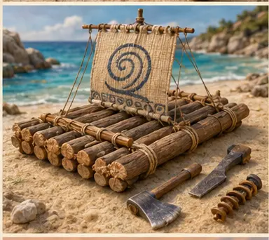 Odysseus'un salı için özgün el yapımı nesne sahnesi