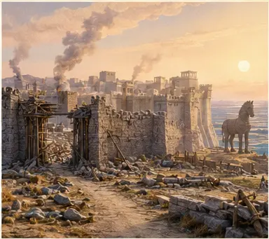Troya / İlios için özgün el yapımı minyatür mekân sahnesi